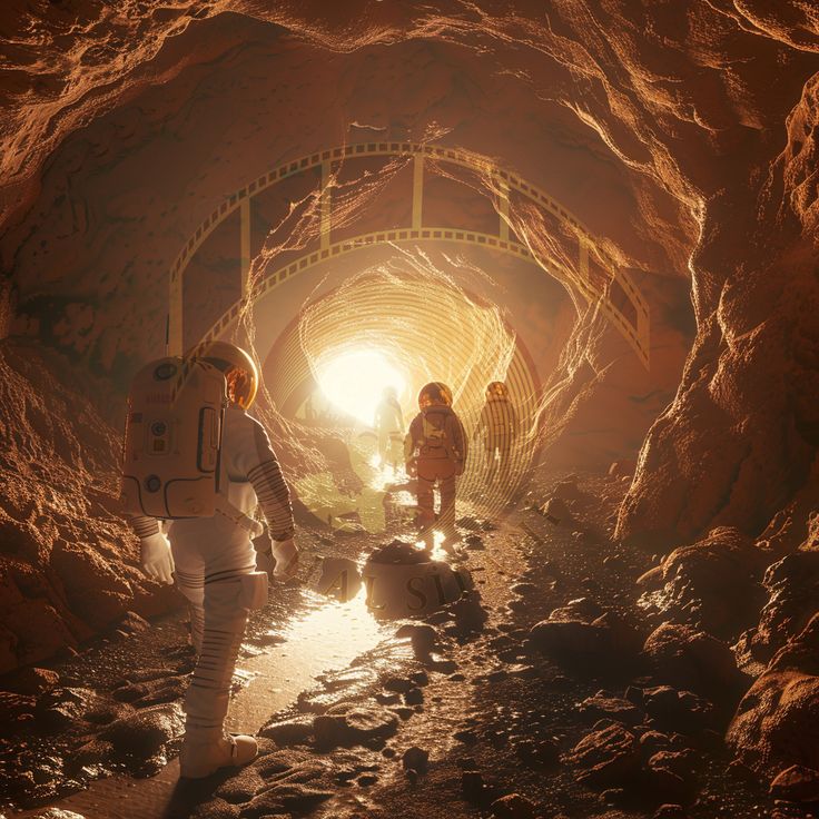 Astronauts exploring a cave on Mars, conducting research and preparing for human settlement
