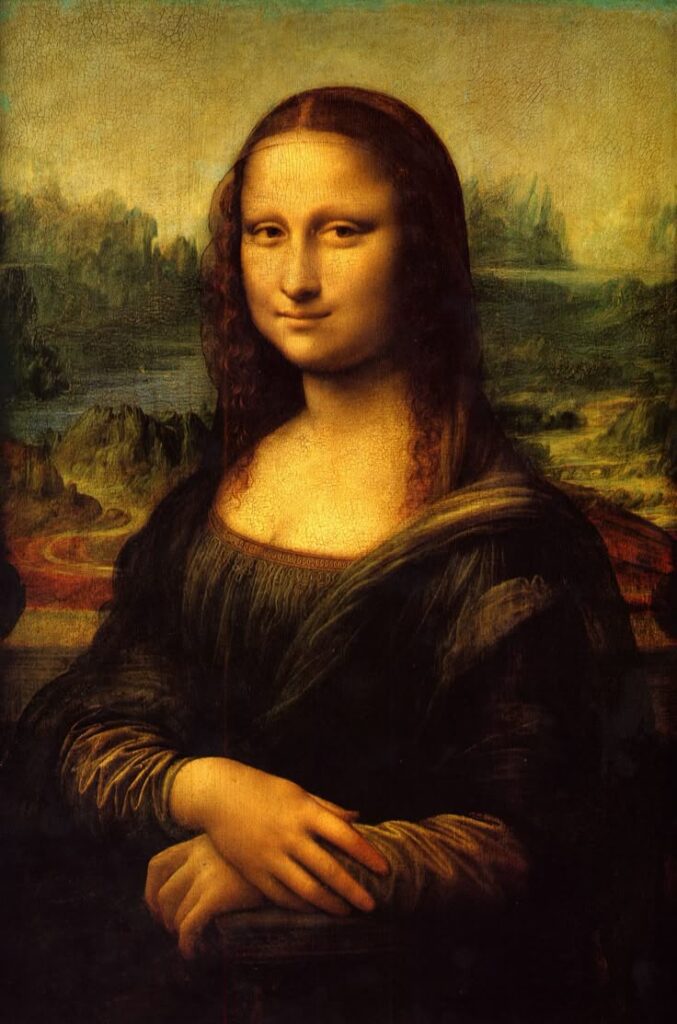 Portrait of Mona Lisa with a mysterious smile, painted by Leonardo da Vinci, displayed in the Louvre Museum in Paris.