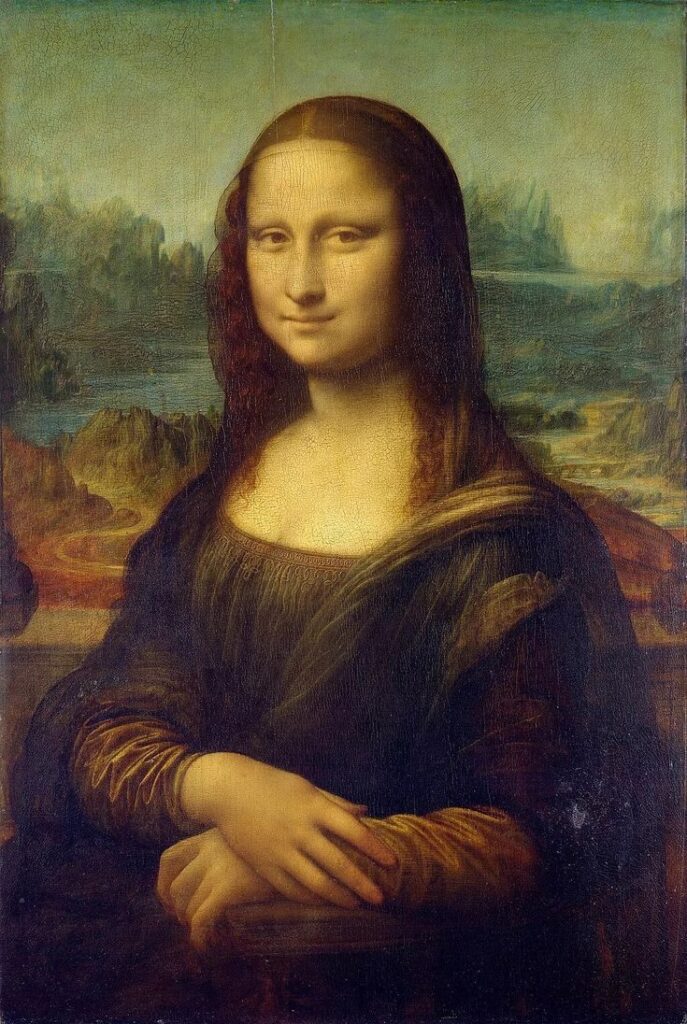 Portrait of Mona Lisa painted by Leonardo da Vinci, displayed at the Louvre Museum in Paris.