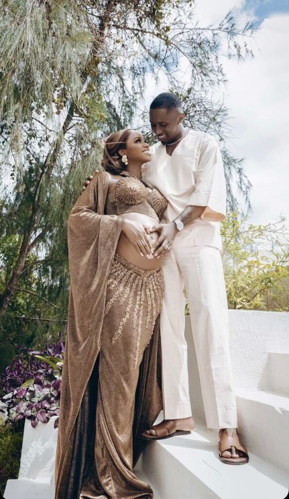 Juma Jux smiling beside his pregnant wife Priscilla Ojo during maternity moment in Tanzania