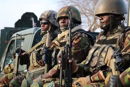 Kenya Defense Forces (KDF) soldiers standing guard during a security operation in northern Kenya.