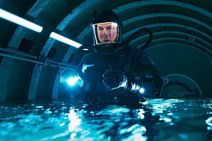 Tom Cruise as Ethan Hunt inside a submarine filled with water, performing a high-risk action scene in Mission Impossible: The Final Reckoning.