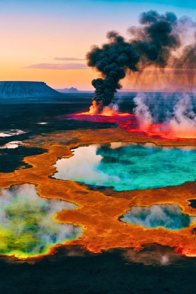 A haunting view of the Danakil Depression in Ethiopia, with boiling acid pools, toxic yellow sulfur fields, and volcanic steam rising from the scorched desert floor, resembling an alien planet hostile to life.