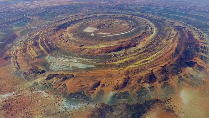 Desert landscape featuring the massive circular pattern of the Eye of the Sahara in Mauritania