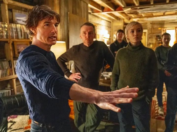 Tom Cruise, Simon Pegg, and Vanessa Kirby in Mission Impossible: The Final Reckoning promotional image, posing as their characters Ethan Hunt, Benji Dunn, and Alanna.
