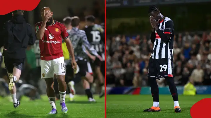 Photo collage showing Kenyan footballers Clarke Oduor and Michael Olunga on the field. Oduor is pictured dribbling the ball for Grimsby Town, while Olunga leads the Harambee Stars attack for Kenya.