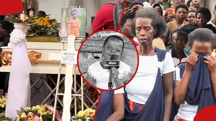 A collage image showing late Rwandan gospel singer Gogo Gloriose alongside emotional family members mourning during her burial in Rwanda.